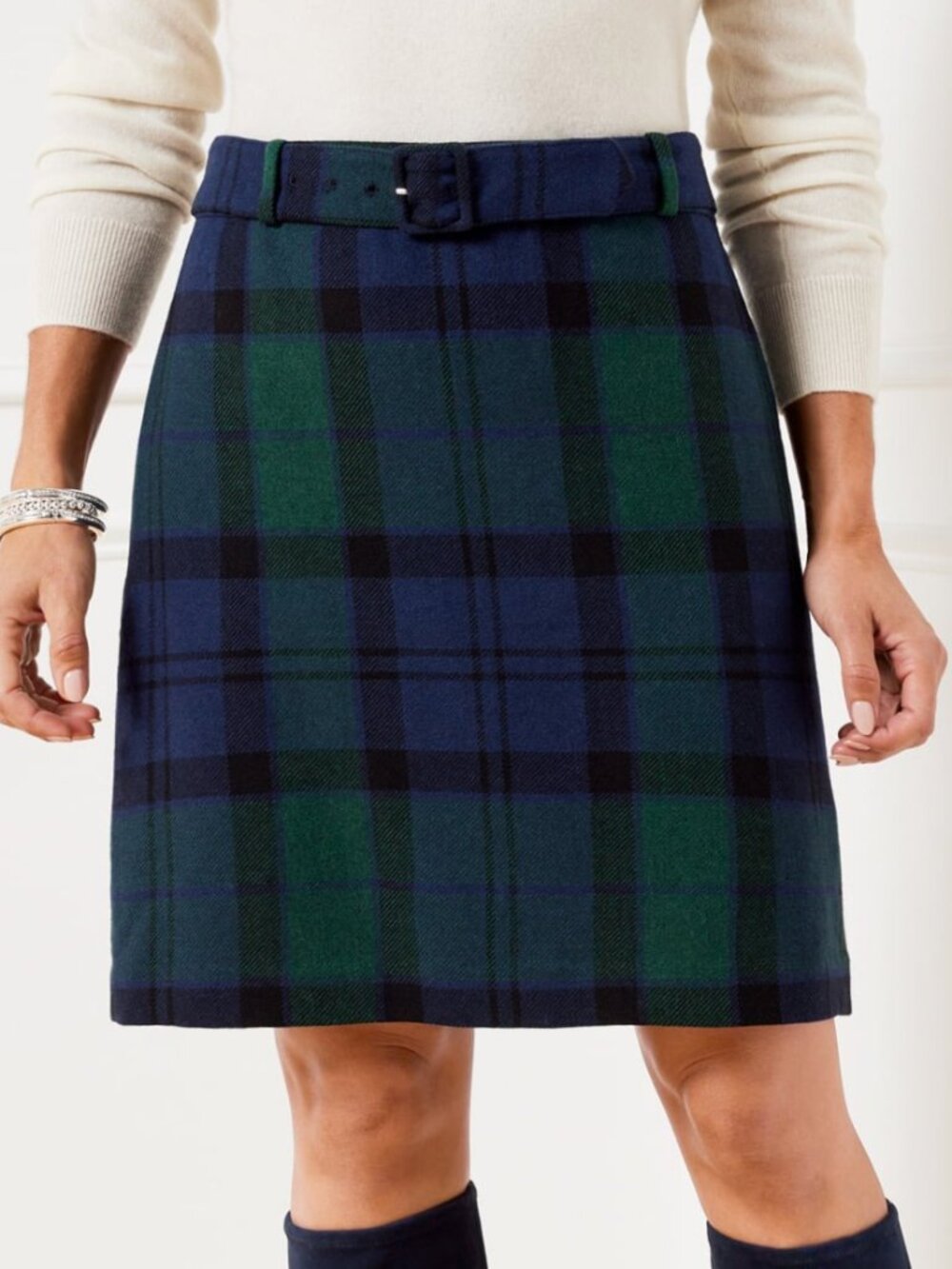 New Talbots Wool Blend Blackwatch Plaid Belted Skirt Green Navy 12